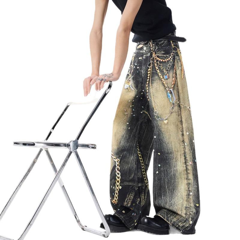 Fashion New American High Street 3D Chain Printed Jeans Men's Retro Washed Loose Candy Pants