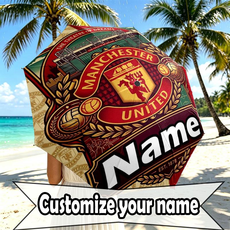 Custom Name Personalized Manchester United Print Umbrella, Auto Open Close, 8‑Rib Sturdy Frame, Commute Camping Hiking Use, Birthday Gift