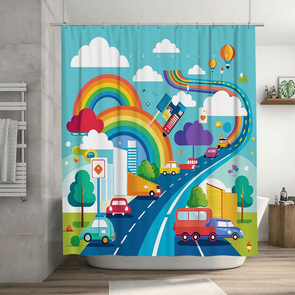 Rainbow Road Shower Curtain Creative Bathroom Decor with Cars Balloons Happy Home Accessories for Kids Room 3D Printed Waterproo