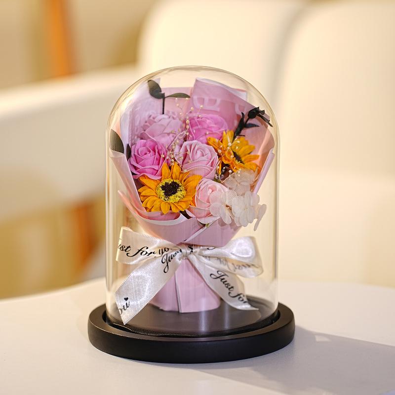 Glass Cover Rose Lantern Qixi Festival Valentine's Day Gift Immortal Bouquet Gypsy Dried Flowers Carnations Teachers' Day