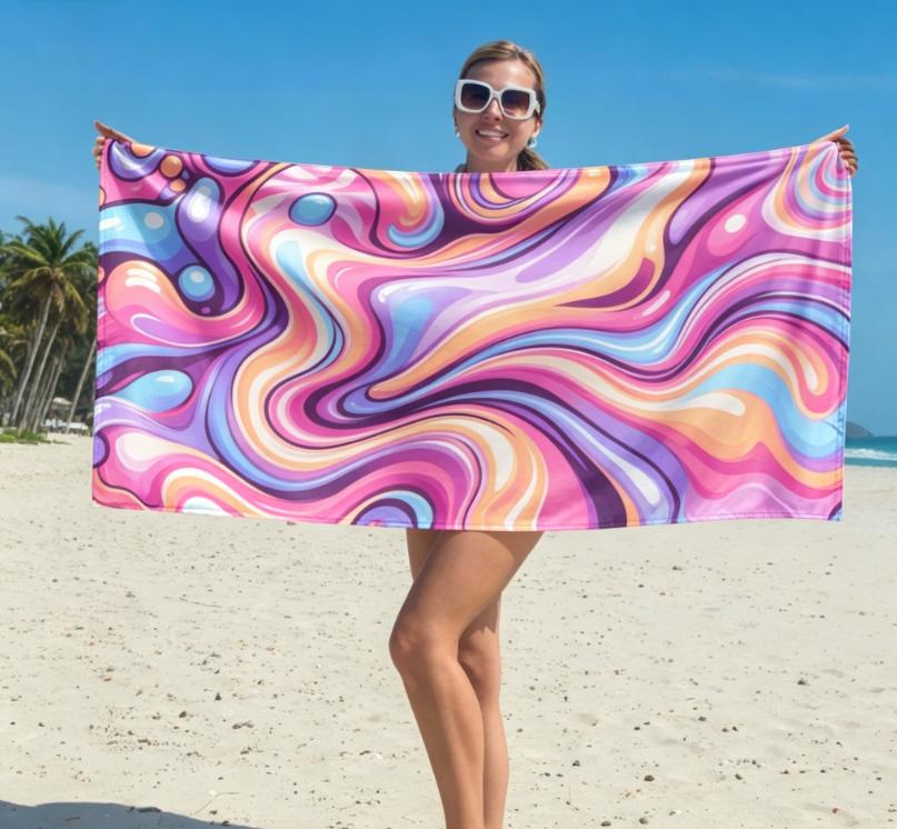 Psychedelic Liquid Swirl Beach Towel, Microfiber Sand Free Quick Dry, Retro 70s Hippie Print, Soft Absorbent for Summer & Pool