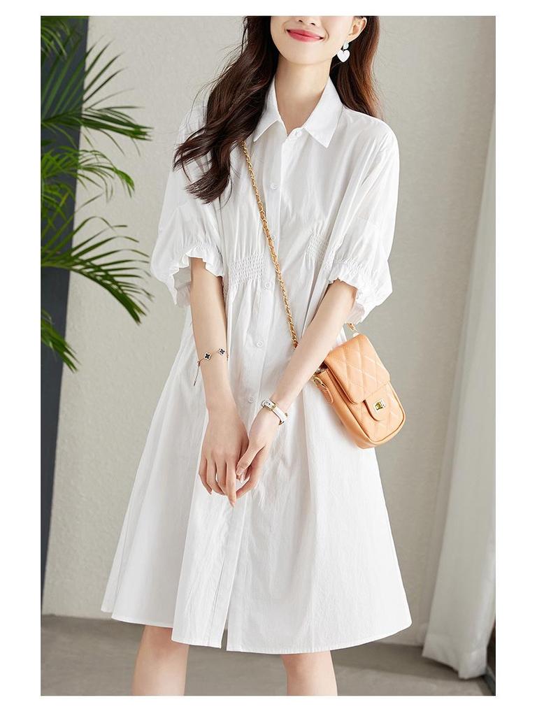Women's Asymmetrical Pleated Shirt Dress with Waist-Slimming Design and Lantern Sleeves
