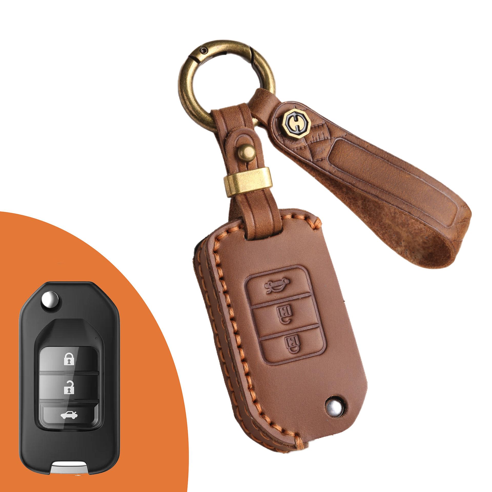 

Car key cover is suitable for Honda key cover, folding key special car key protection leather case, purely manual коричневий