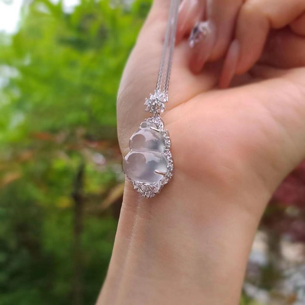 Pure Silver S925 Natural Mizzonite Jade Gourd Pendant Necklace - High Ice Variety for Women, with Chinese Style Fu Lu Charm