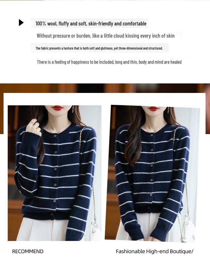 2025 Autumn/Winter Women's Pure Wool Striped Knit Cardigan: Round Neck, Loose Fit, Cashmere Long Sleeve Versatile Outerwear.