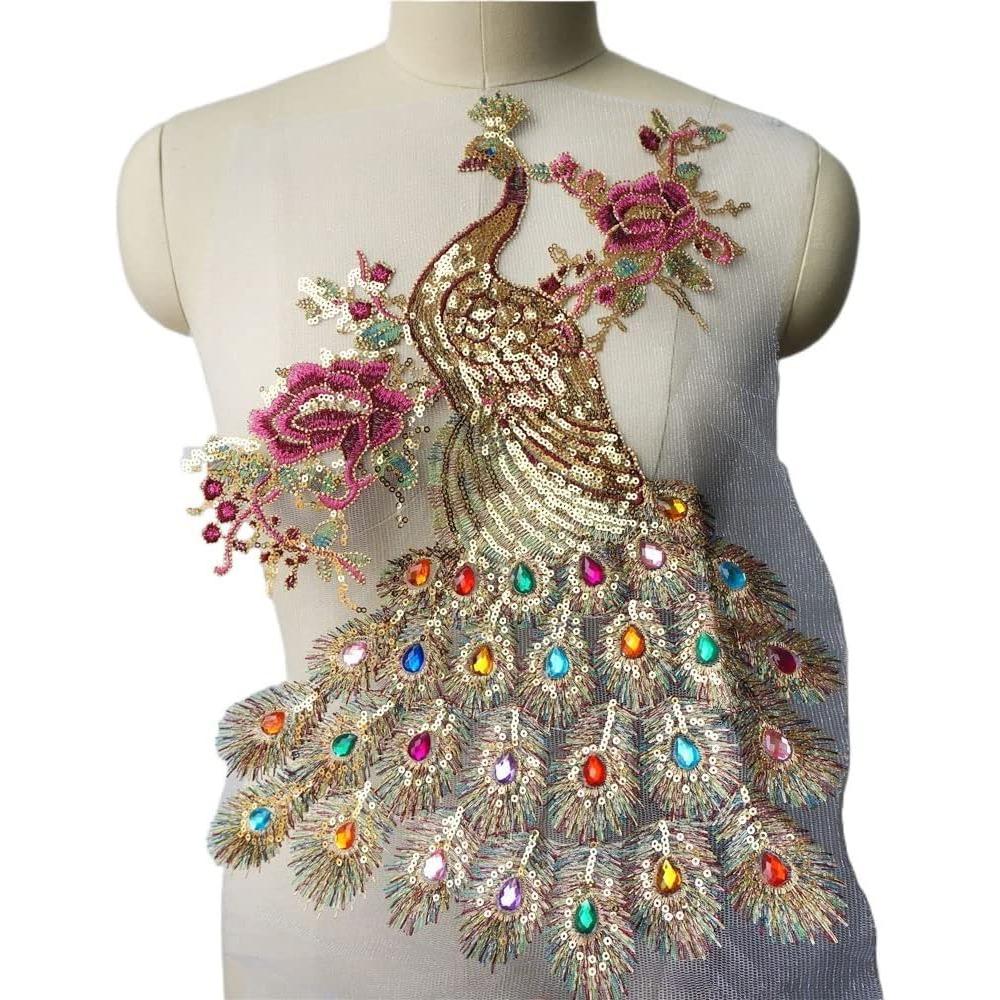 

1шт нашивка з рожевими квітами та павичем для ремонту одягу білий