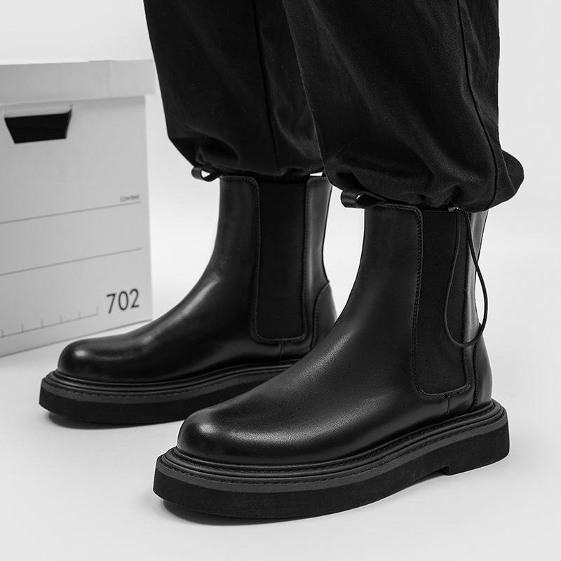 

British leather Chelsea boots men s trendy high-sense cigarette tube Martin boots retro medium boots platform high-top leather shoes 38 чёрный