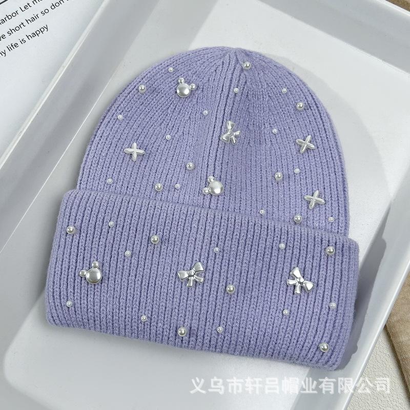 Autumn and winter new bow pearl knitted hat big head circumference thickened rabbit hair blended pullover ear protector wool hat