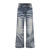 Mens Distressed Washed Denim Flared Jeans With Faded Effect Loose Fit Streetwear Pants Youth