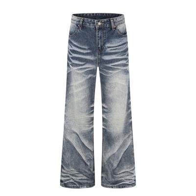 Mens Distressed Washed Denim Flared Jeans With Faded Effect Loose Fit Streetwear Pants Youth