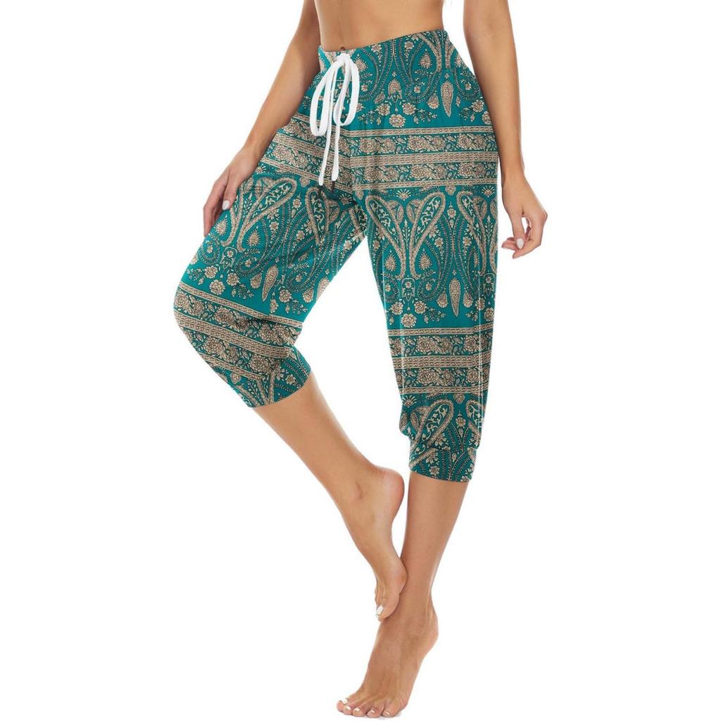Damen Sommer Locker Retro Bedruckt Siebenhosen Jogginghose Yoga Home Jogginghose Mit Taschen