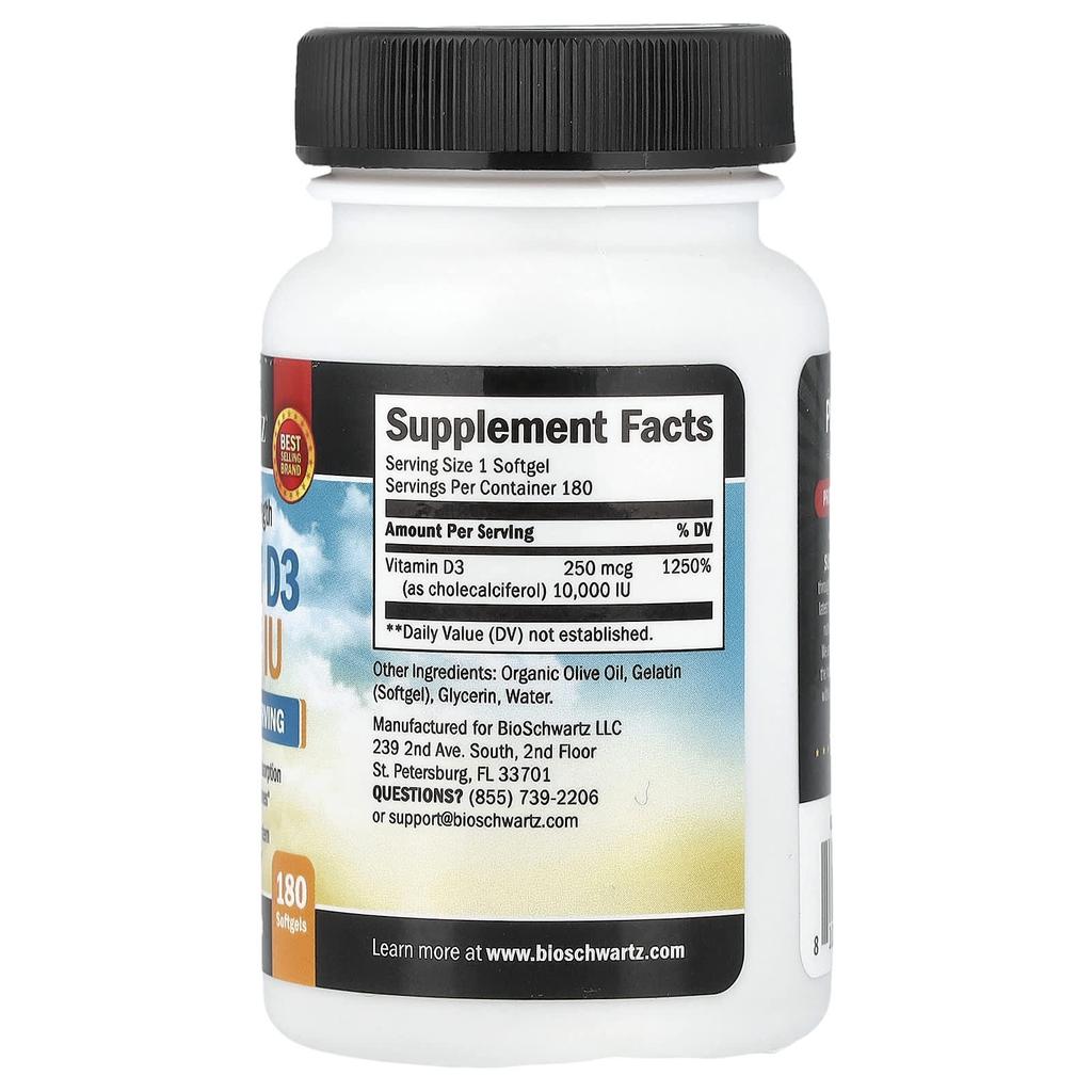 BioSchwartz, Maximum Strength Vitamin D3, 250 mcg (10,000 IU), 180 Softgels