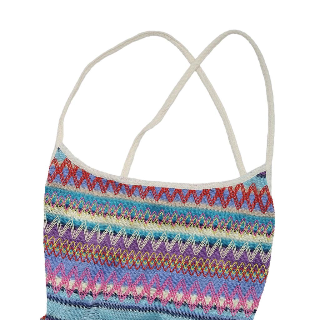 Women's Square Neck Suspender Color Striped Pleated Knitted Skirt