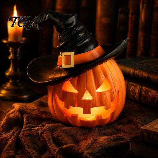 Beschwerte Vollharzfiguren Halloween Kürbis Ornament mit Hexenhut, Jack O Lantern Dekorative Lampe, Gruselige Skript Killing Requisiten Spooky