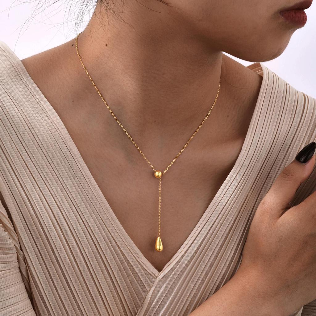 Stainless Steel Flat Cross Chain Water Drop Y-Shaped Necklace Niche Design Sense Collarbone Chain, Jewelry Nc-2030