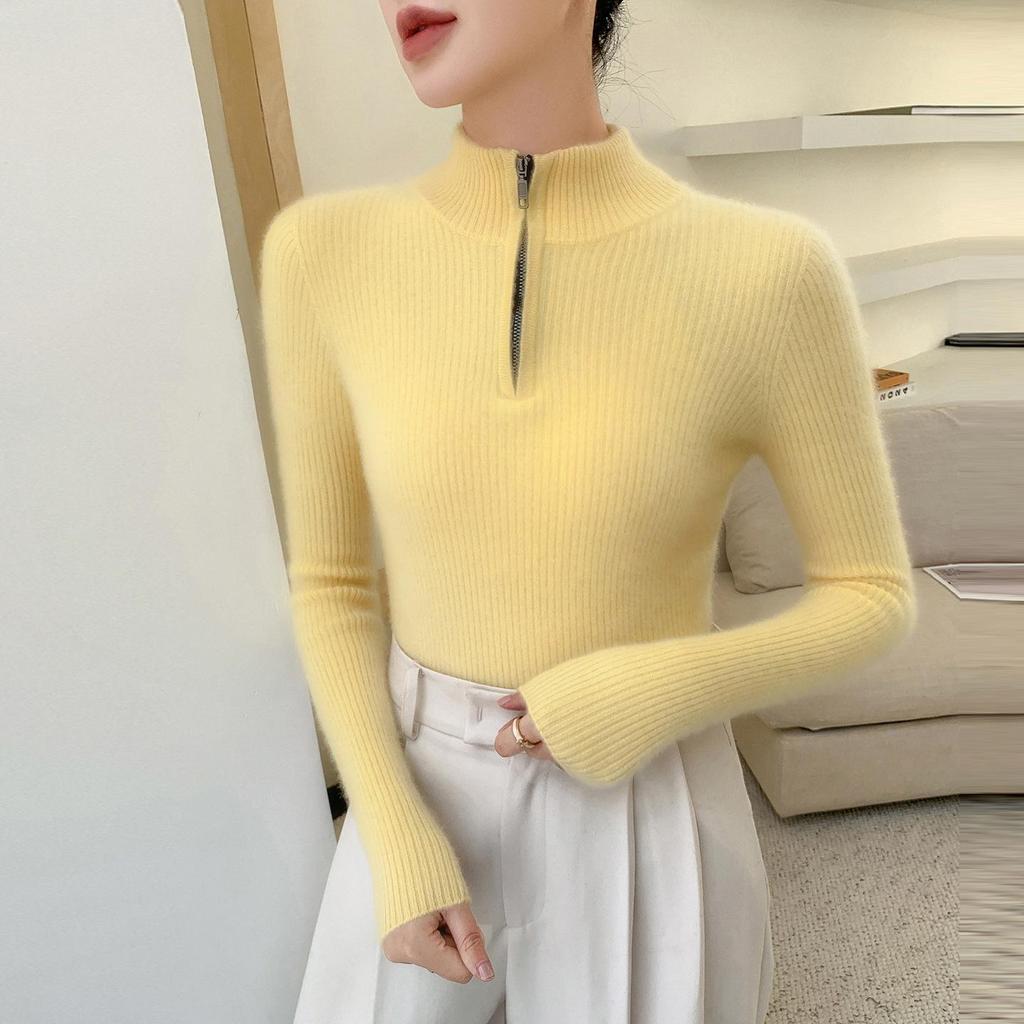 Women's Ribbed Cashmere Half-High Neck Zipper Sweater - Slimming Solid Color Base Layer for Autumn/Winter