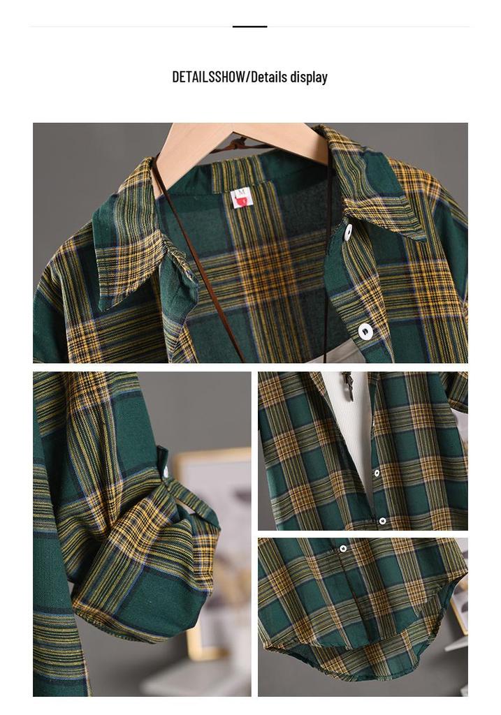 Women's Loose-Fit Cross-Grid Shirt Jacket - High-Low Hem, Long Sleeve, Covers Butt, Cotton Linen, Plus Size