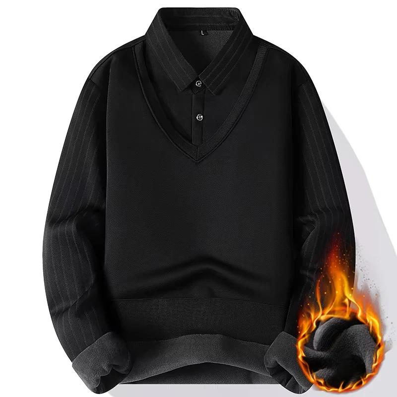 Herren Fake Zweiteiliger Pullover Strickpullover 2025 Winter Warmes Oberteil Verdicktes Samt-Fleece gefüttertes Hemdkragen-Sweatshirt Herrenbekleidung