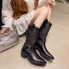 Fashion Spring and Summer New Style Fashionable Personality Trend Black Crocodile Pattern Pointed Side Zipper Thick Heels Luxury Boots