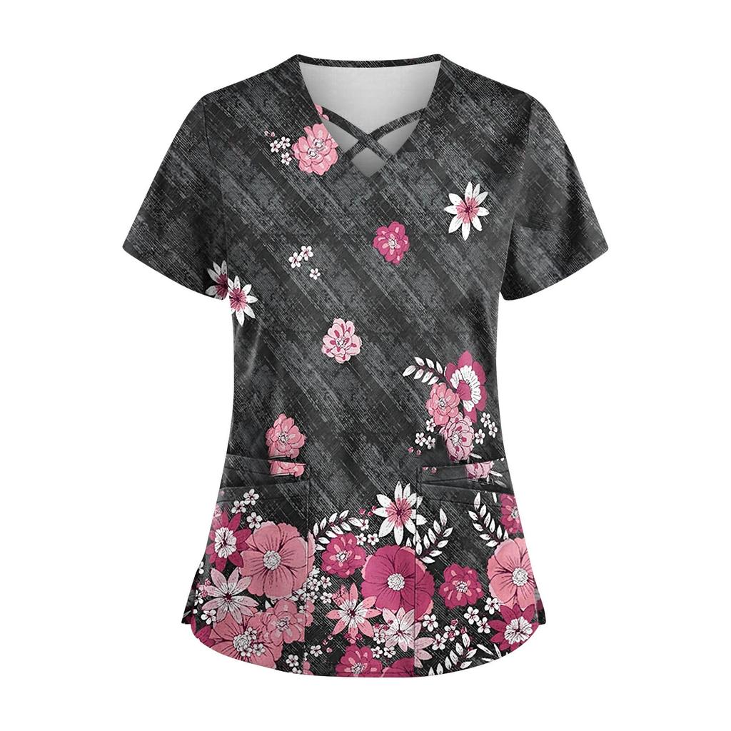Plus SizePrinted Scrub Working Uniform Tops para mulheres Cross V-neck Halloween Print manga curta camisetas divertidas Workwear Tee com bolsos