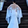 White Pearl Beaded Sheer Tulle Cape Shrug, Asymmetric Long Back Train Mesh Cover Up with Front Pearl Clasp for Strapless Wedding Bridal Evening Gown