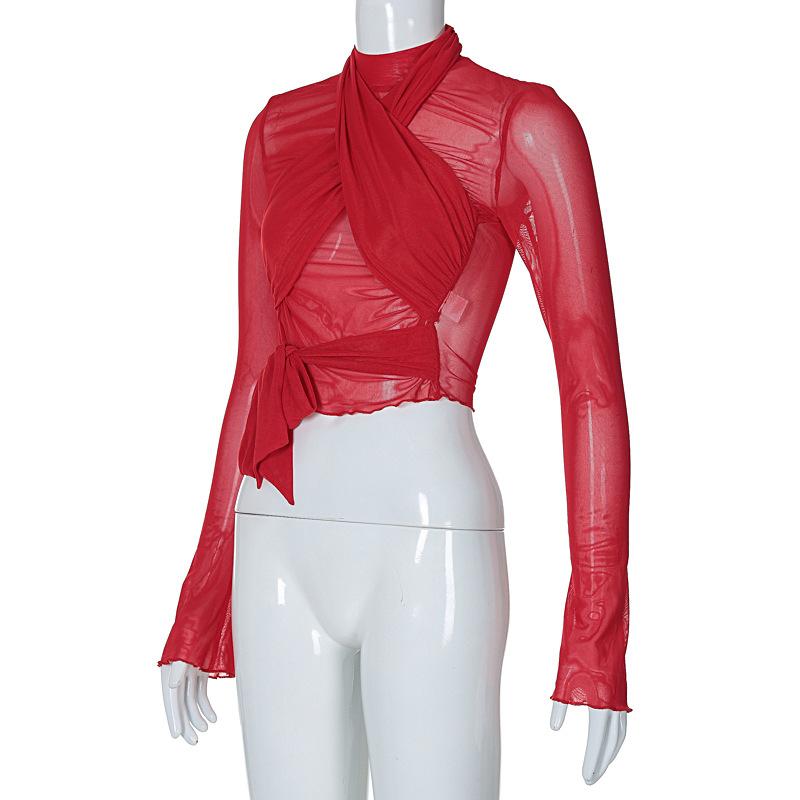 Modă Primăvara 2025 Guler înalt din plasă Mânecă lungă Roșu Drapaj Bandaj Sexy Transparent Tricou Crop Top Streetwear Club