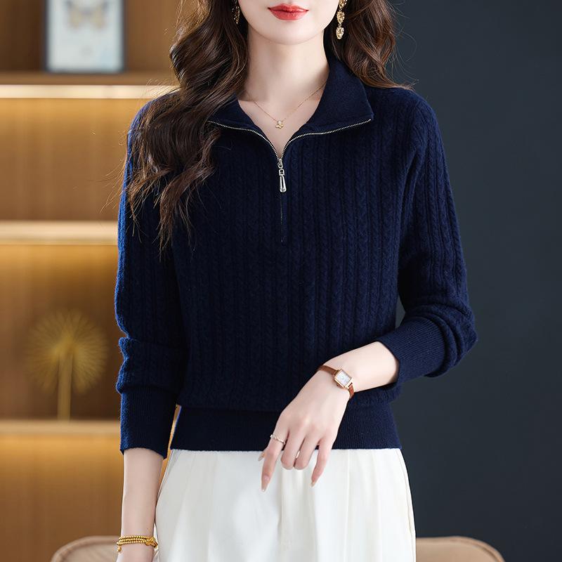 Women's Pure Wool Half-Zip Sweater - Stand Collar, Autumn/Winter Thick Knit for Middle-Aged Women, Petite Base Layer