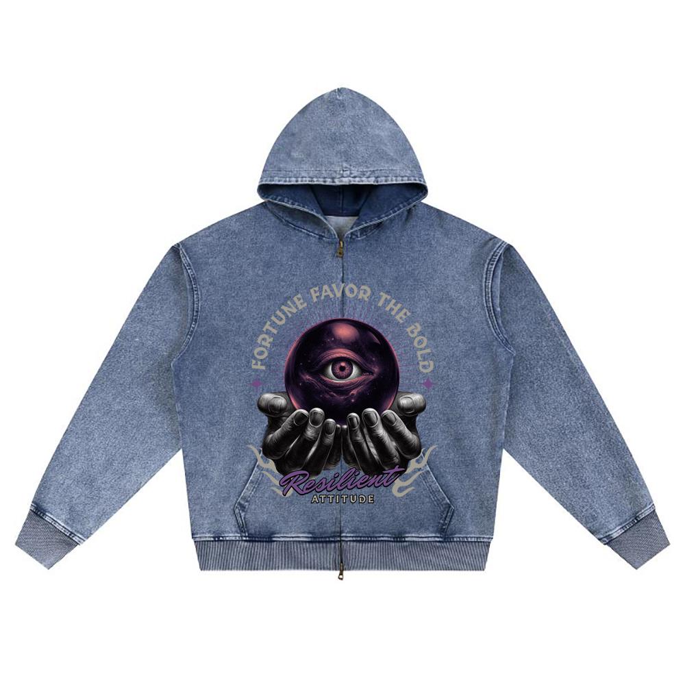 DTG Print Knitted Denim Zip-Up Hoodie Vintage Graphic Brother Print Zipper Hoodies