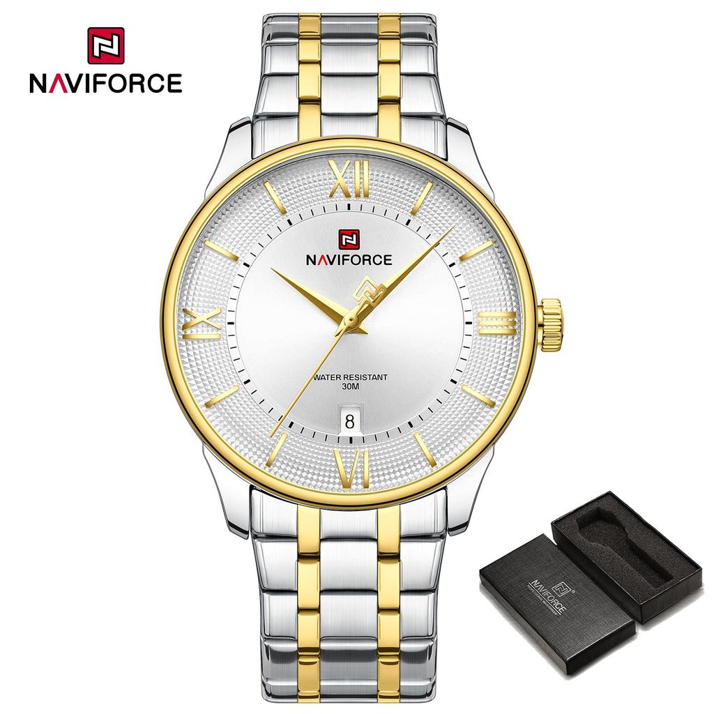 NAVIFORCE Men Quartz Watch Daily Casual Calendar Simple Dial 30m Waterproof Stainless Steel Strap Men Casual Watch Gift NF9272S
