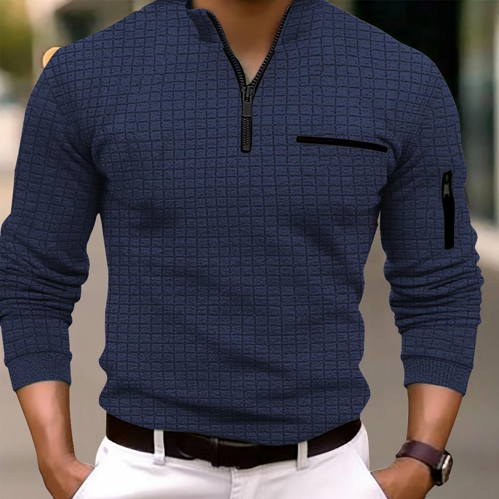 Spring and Autumn Men's Casual T-shirt Men's Checkerboard Checked Zipper Sports Polo Shirt