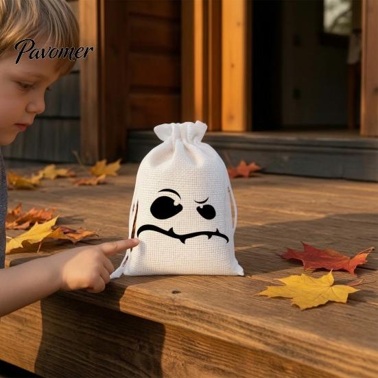 Drawstring Storage Sacks 2 Pcs Halloween Burlap Gift Bags with Drawstring, Trick or Treat Cute Holiday Candy Pouch, Reusable Goodies Bag for