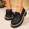 Women's Wide Width Bow Detail Loafers, Round Toe Striped Driving Shoes, British Style Retro Flats for Women