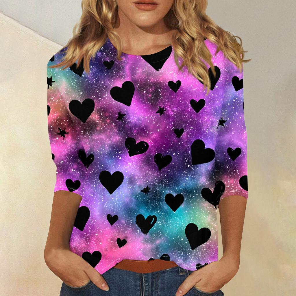 Damen Modisches Lässiges Dreiviertelarm Herzförmig Bedrucktes Rundhals-Top