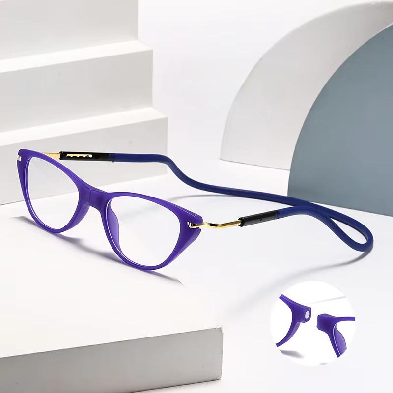 Men Women Anti Blue Light Cat Eye Hanging Neck Reading Glasses Silicone Soft Rope Anti-lost Scalable Portable Reading Eyeglasses