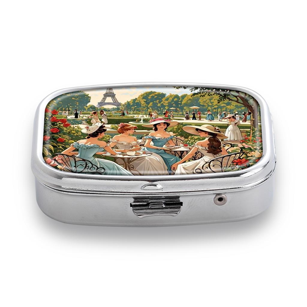 Portable Pill Box with 2 Compartments, Mini Metal Medicine Organizer Case, Cute Printed Pill Container for Vitamins, Pills, Jewelry, Travel, Daily Use