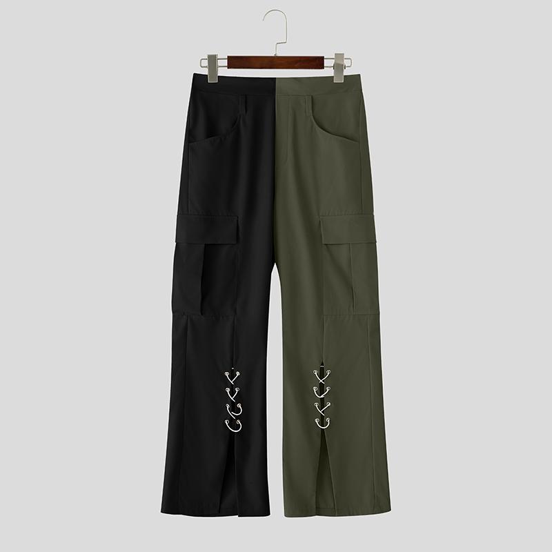 INCERUN Men Zip-up High Waist Stitching Bandage Casual Long Flare Trousers Pants
