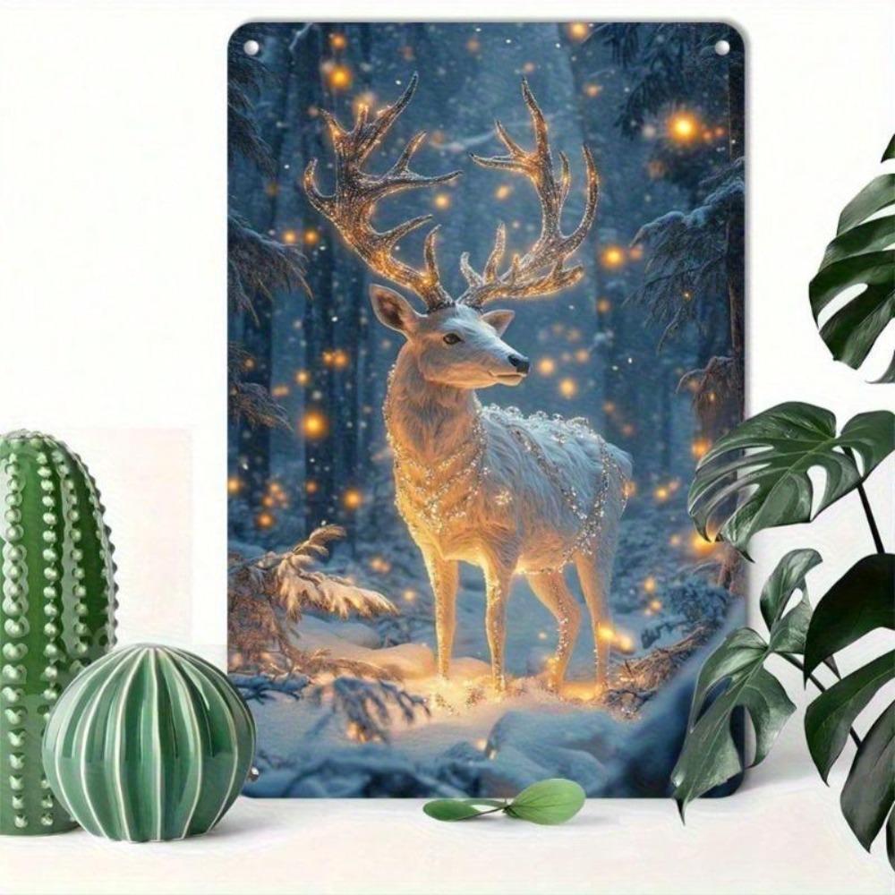 1pc 12x8 Inch Enchanted Deer Glowing Antlers Metal Tin Sign, Winter Snowy Forest Wall Art, Rustic Farmhouse Plaque for Home Bar Kitchen Decor