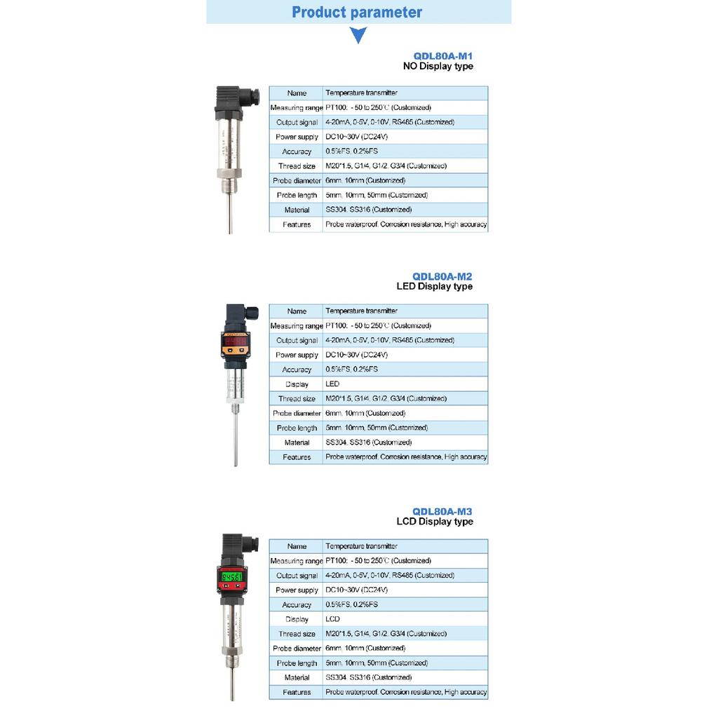 PT100 Temperatursensor -50-200C zu RS485 4-20mA 0-10V 0-5V Temperaturumwandler 0-100C 304SS Sonde DC24V PT100 Sensor
