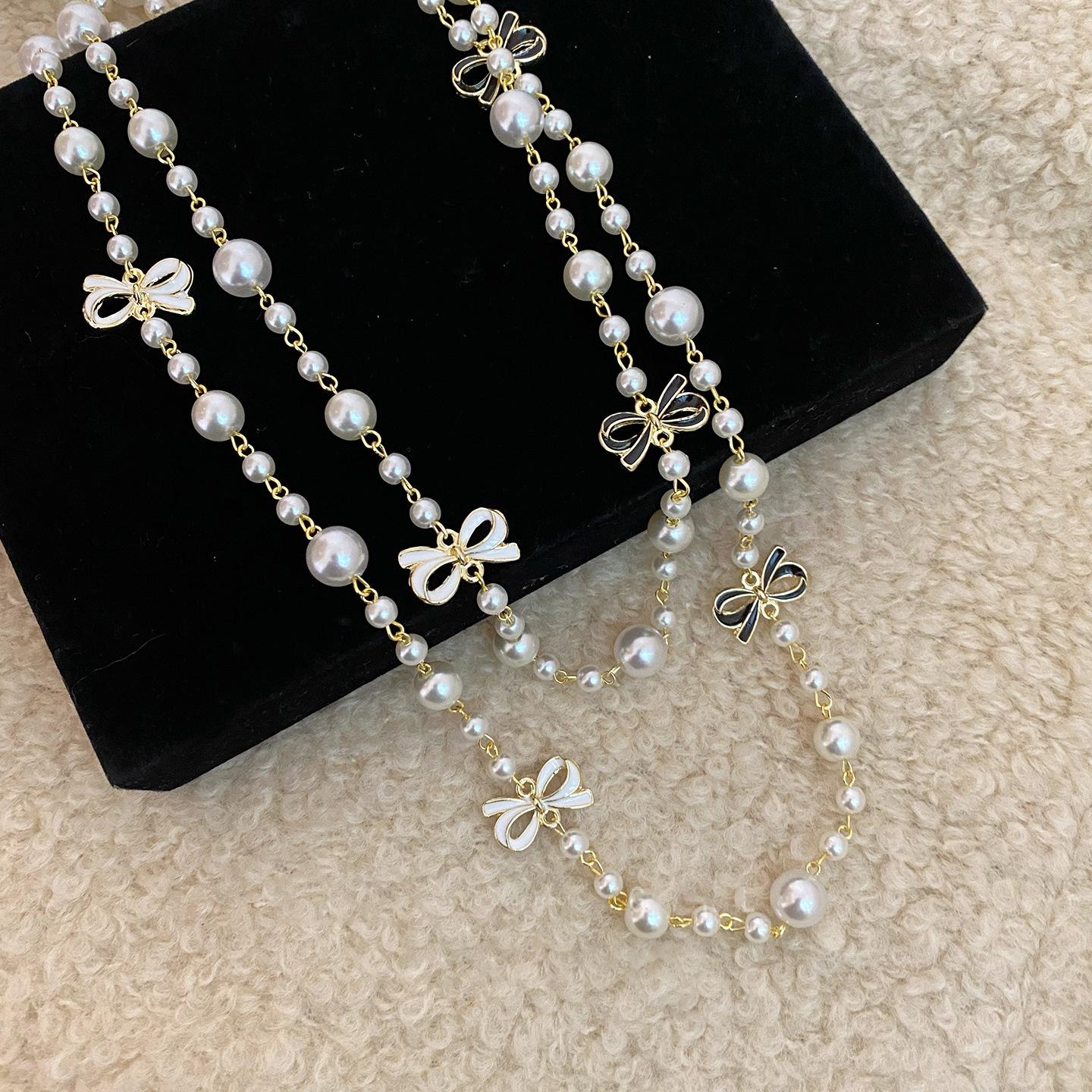 Французское ретро длинное жемчужное ожерелье с бантом темпераментное универсальное для офиса цепочка для свитера легкая роскошь ожерелье женское