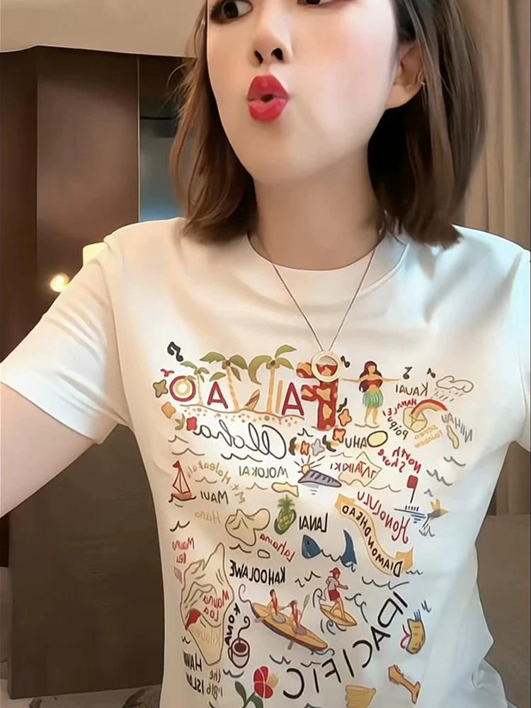 

Colorful Printed White Short-Sleeved T-Shirt for Women, Korean Style 2026 Summer New Design, Unique Dopamine Style Top M белый