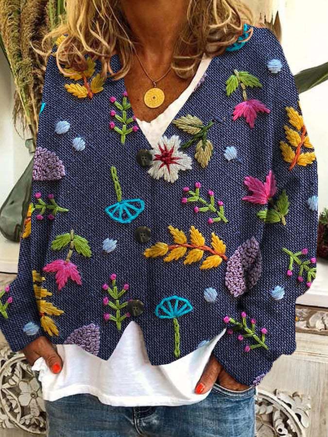2026 Trending Women's Digital Print V-Neck Cardigan Sweater - Short, Long-Sleeve Design