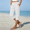 Pantaloni da Donna a Gamba Dritta Corti, Vestibilità Larga, in Lino e Cotone, con Tasche Laterali e Fondo Spaccato con Bottone, per Uso Casual