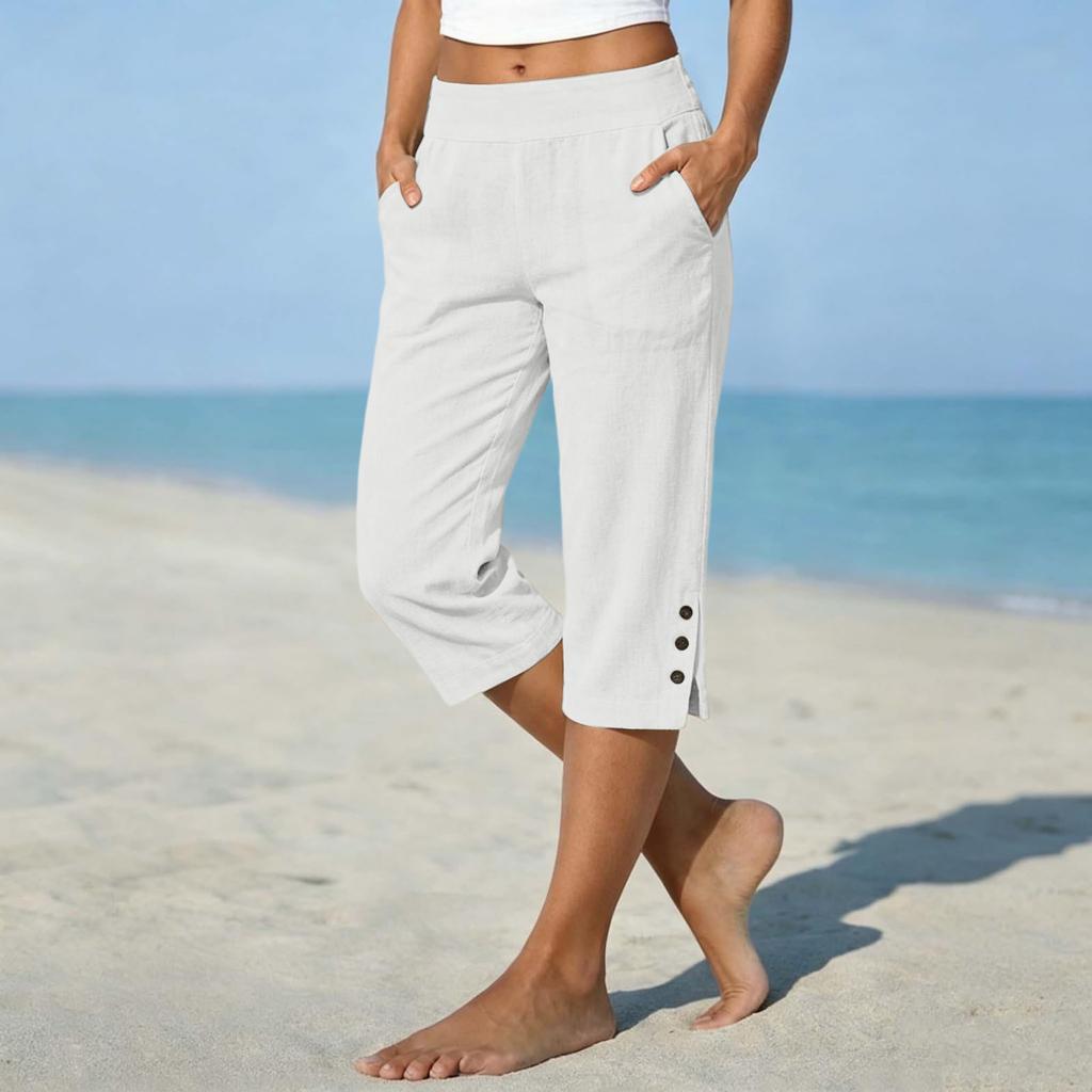 Pantaloni da Donna a Gamba Dritta Corti, Vestibilità Larga, in Lino e Cotone, con Tasche Laterali e Fondo Spaccato con Bottone, per Uso Casual
