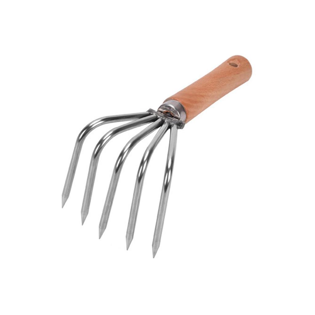 Hand Rake Cultivator Stainless Steel Claws Lightweight Digging Wood Handle Leaf Rake Small Gardening Tools for Yard Work