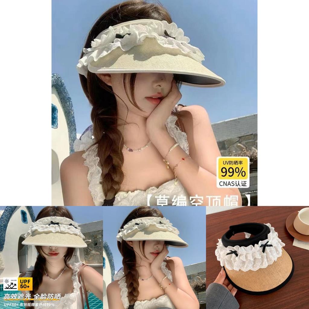 Elegant Lace Bow Wide Brim Sun Protection Hat For Women Adjustable Summer Accessory