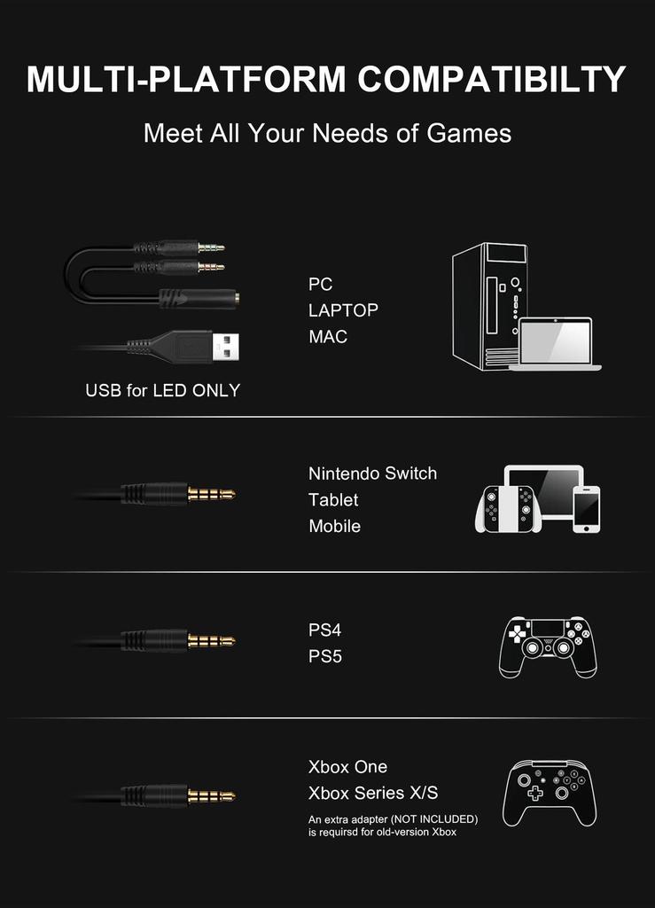 2.4G Bluetooth Luminous Gaming Headset with USB Wireless Transmitter - Low Latency Esports Audio.