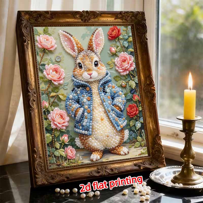 Peter Rabbit Floral Pearl Art Canvas with Frame 3D Shiny Bead Painting Modern Room Decor Relaxing Handmade Craft Gift Ideas for Home