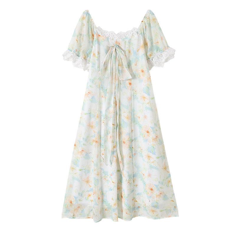 Plus-size Women s Square-neck Floral Short-sleeved Dress - Summer High-end Elegant Long Dress 2XL