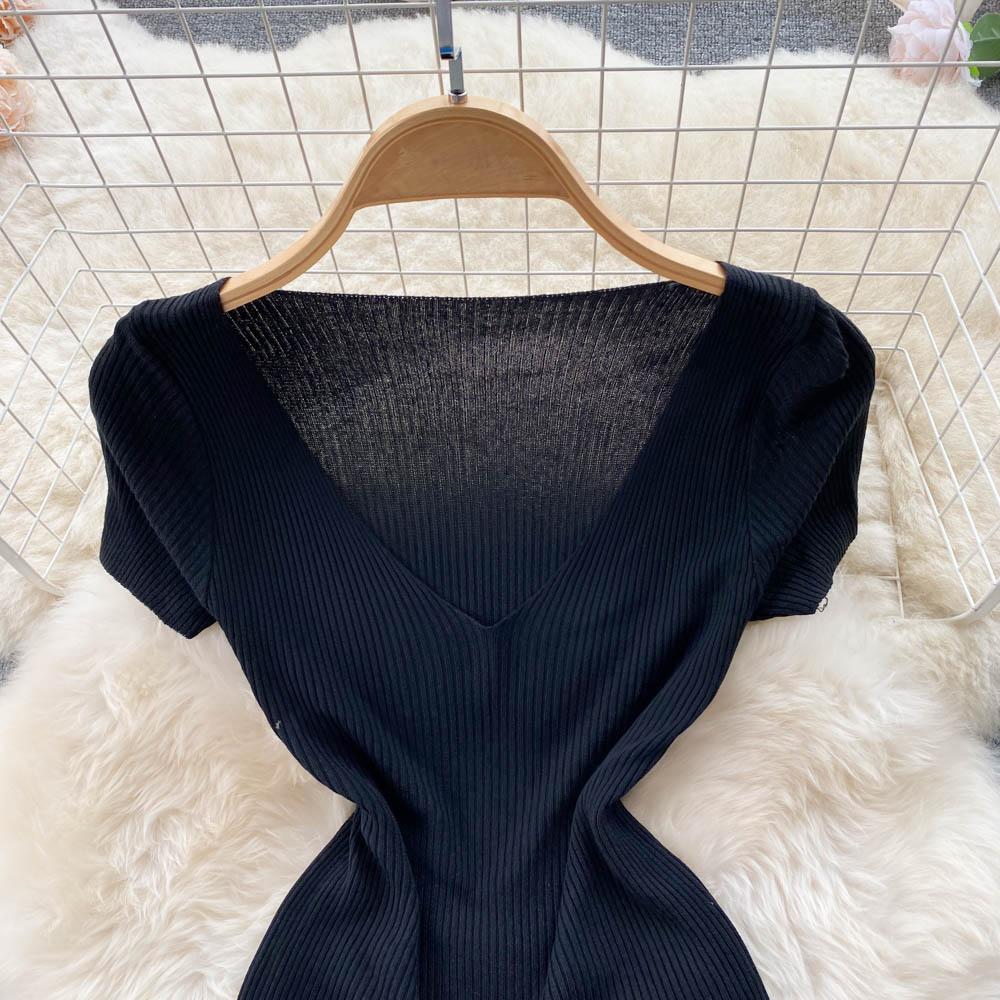 Sweet Temperament Two-Piece Suit V-Neck Knitted Top Blue Cake Skirt Mesh High Waist Retro Tutu Skirt