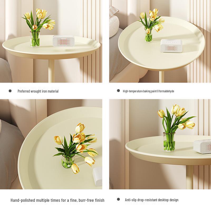 Modern Minimalist Round Side Table - Small Coffee/Sofa Table with Wrought Iron Storage Cabinet